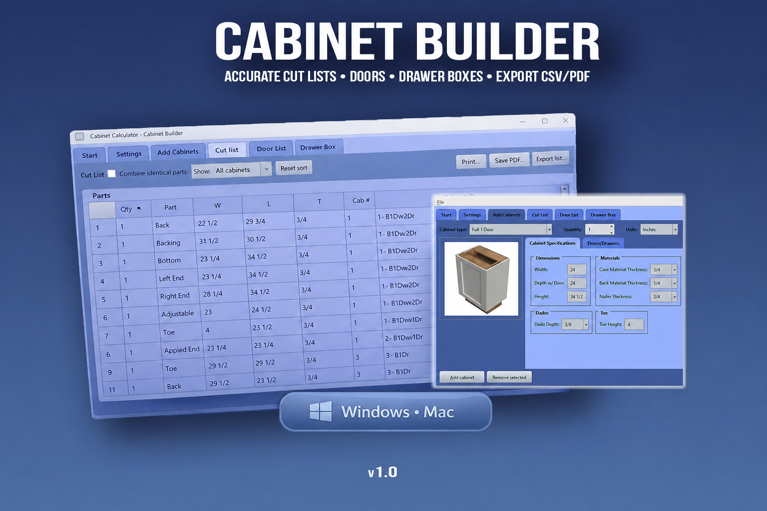 Cabinet Builder app showing cabinet specifications and an accurate cut list